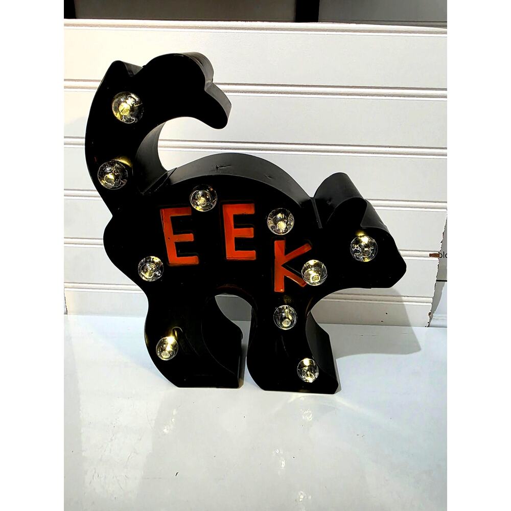 Black Cat Halloween Light Up EEK Haunted House Decor 10" New